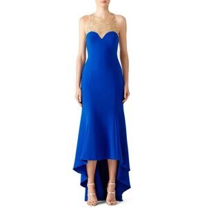 MARCHESA NOTTE Royal Blue and Gold High Low Dress